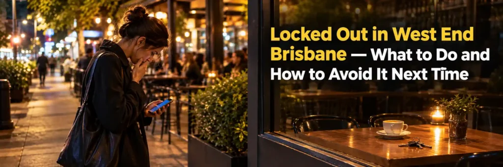 Worried woman checking her phone outside a warmly lit café at night, illustrating what to do when locked out in West End Brisbane and how to prevent future lockouts.