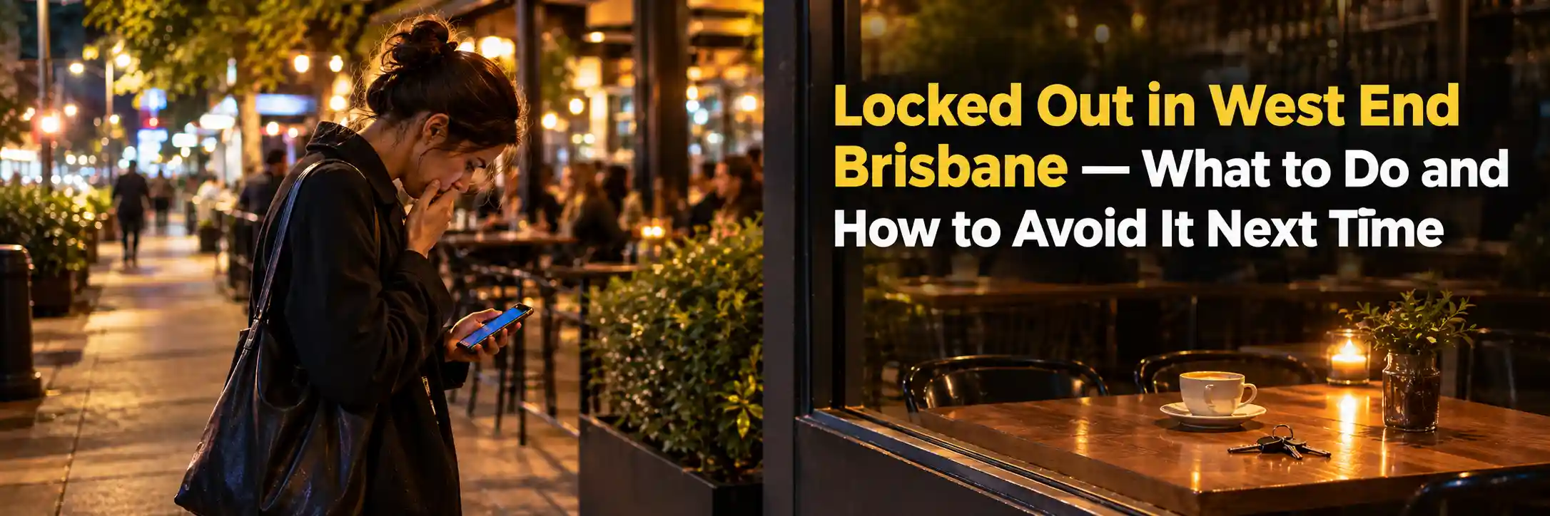 Worried woman checking her phone outside a warmly lit café at night, illustrating what to do when locked out in West End Brisbane and how to prevent future lockouts.