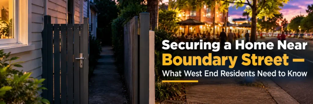 Residential side gate and shadowed passage beside a home near Boundary Street in West End Brisbane, contrasting with the brightly lit café strip at dusk.