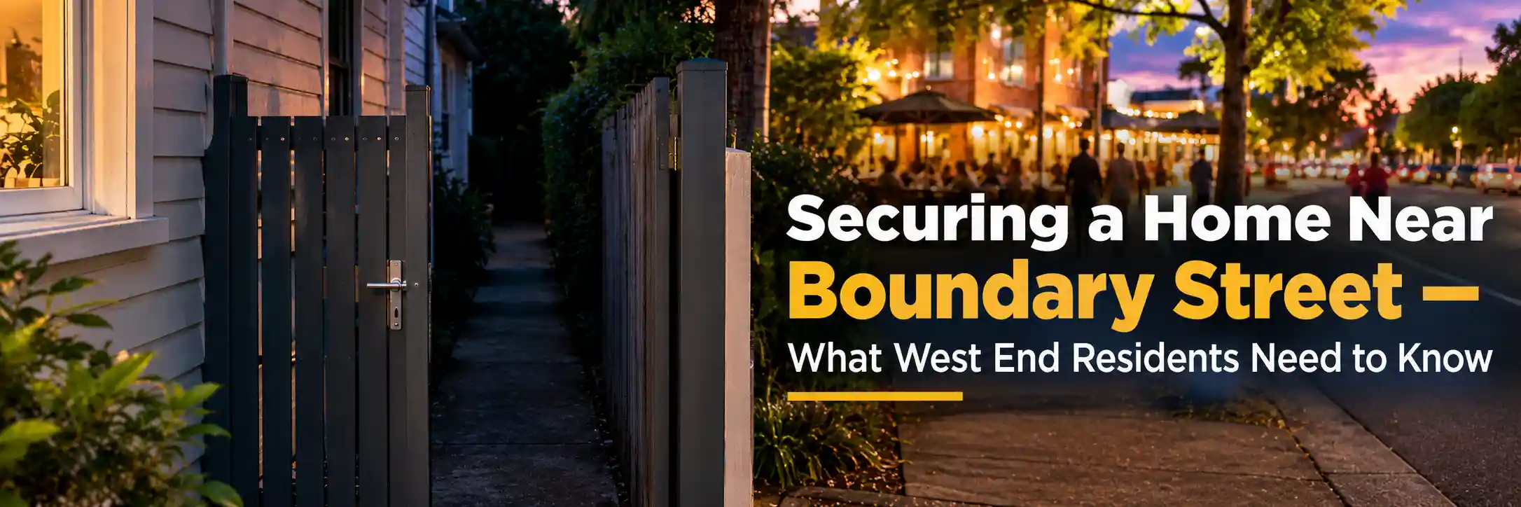 Residential side gate and shadowed passage beside a home near Boundary Street in West End Brisbane, contrasting with the brightly lit café strip at dusk.