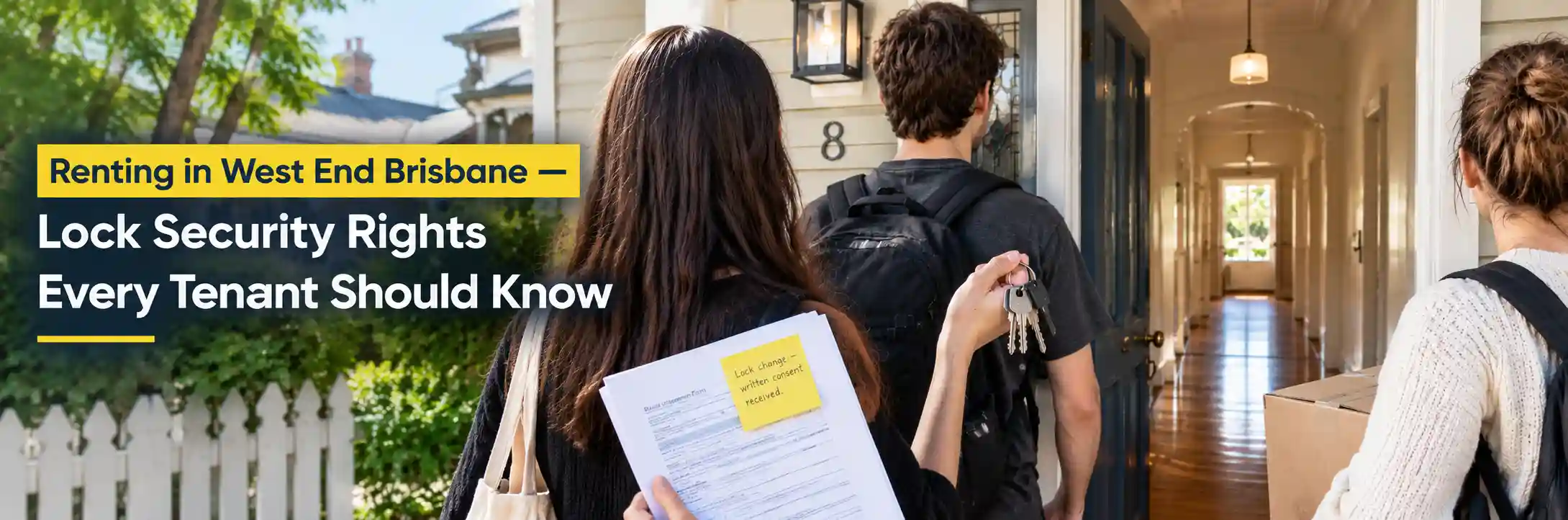 Three tenants moving into a character home in West End Brisbane, holding keys and rental paperwork while entering the house.